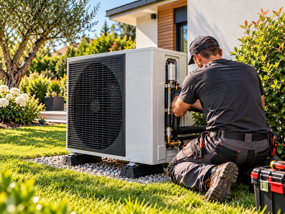 Installateur certifié RGE en train de poser une pompe à chaleur